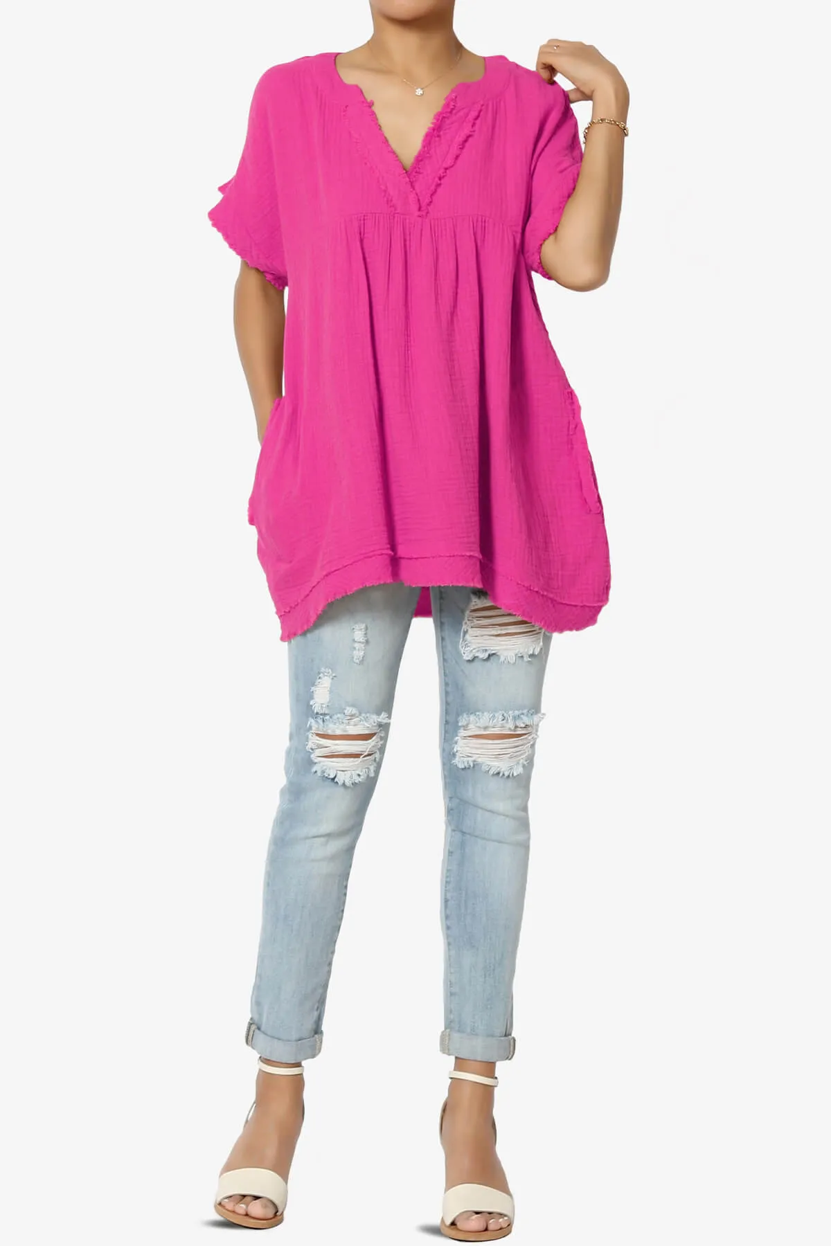Milly Gauze V-Neck Babydoll Shirt Tunic PLUS