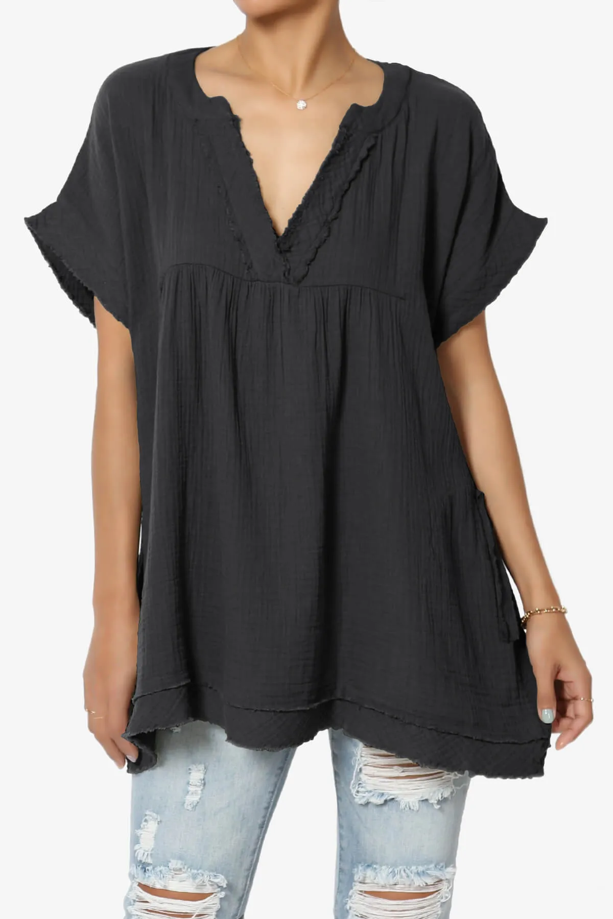Milly Gauze V-Neck Babydoll Shirt Tunic PLUS