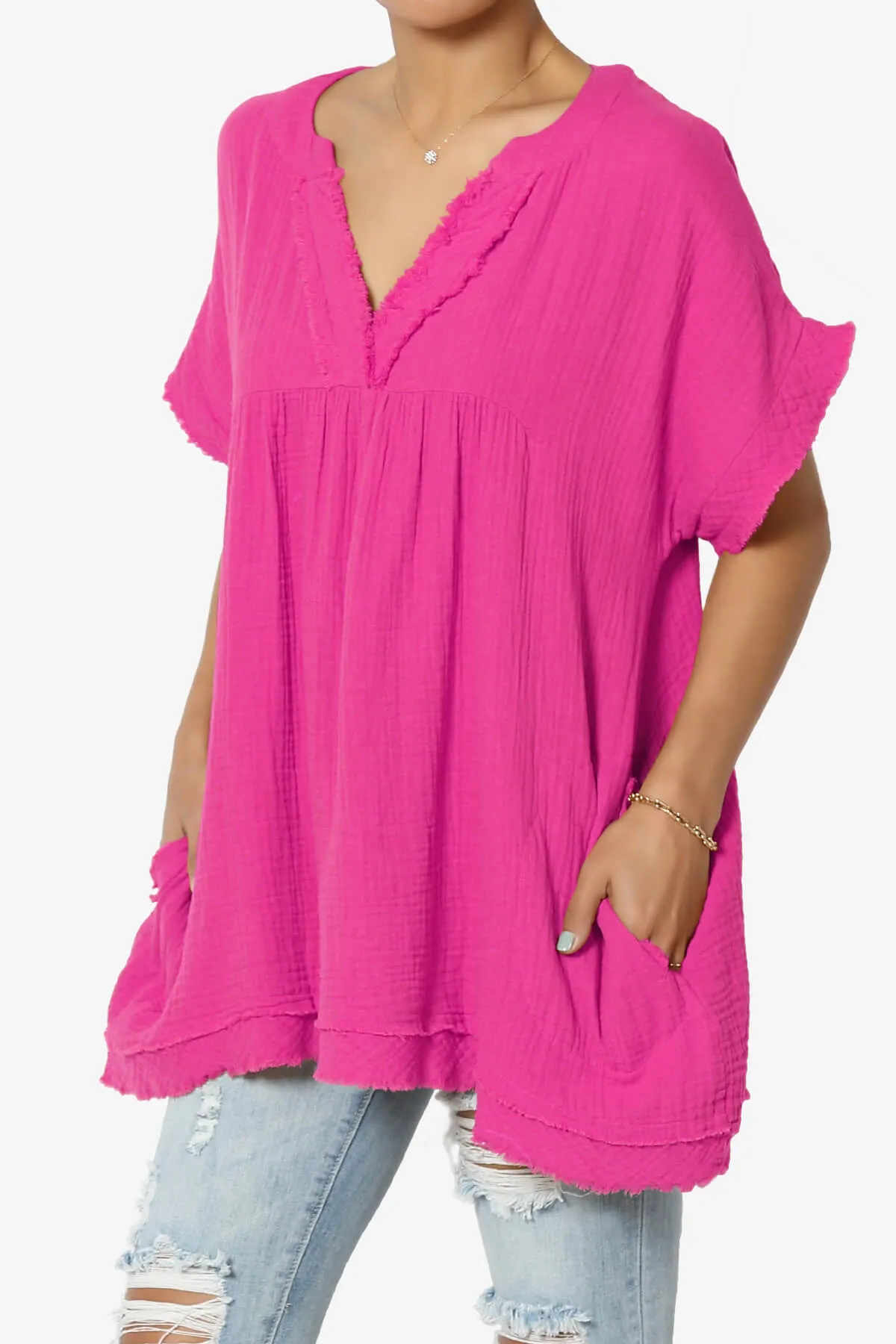 Milly Gauze V-Neck Babydoll Shirt Tunic PLUS