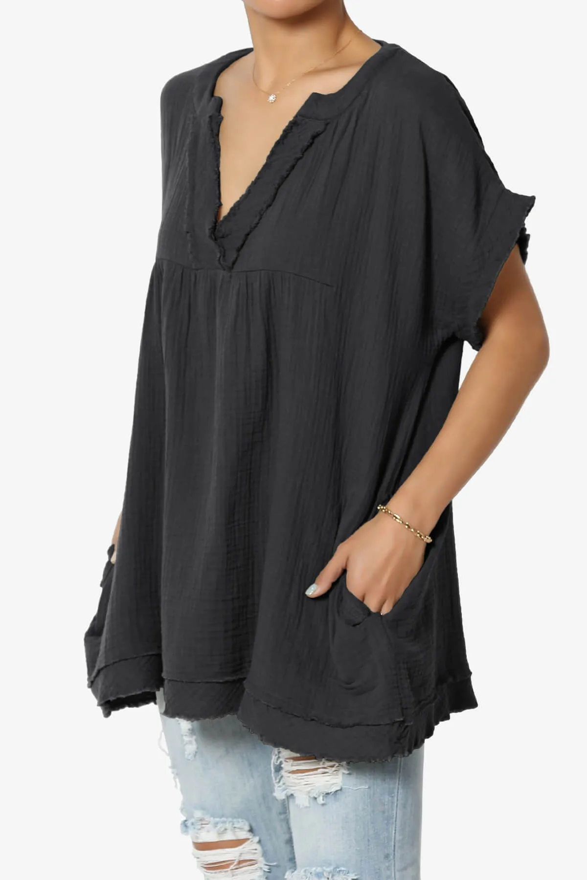 Milly Gauze V-Neck Babydoll Shirt Tunic PLUS