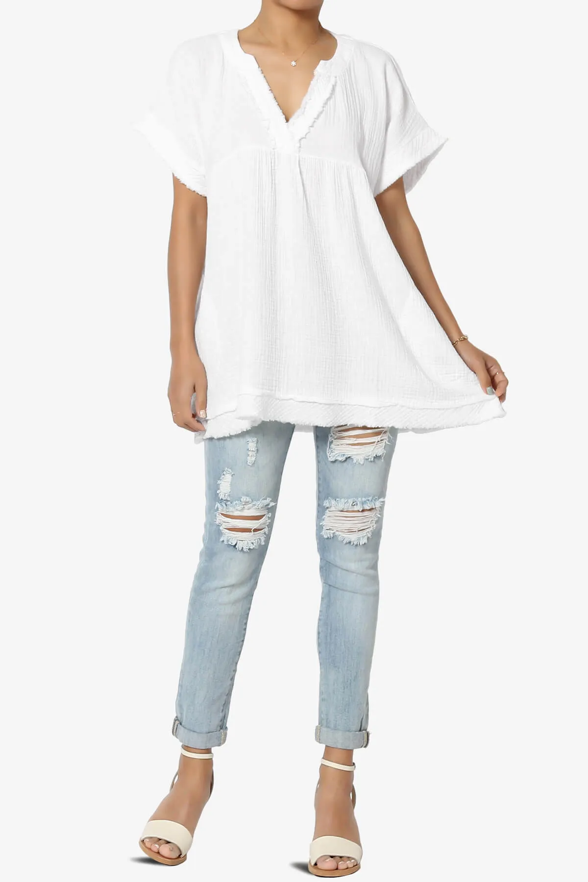 Milly Gauze V-Neck Babydoll Shirt Tunic PLUS