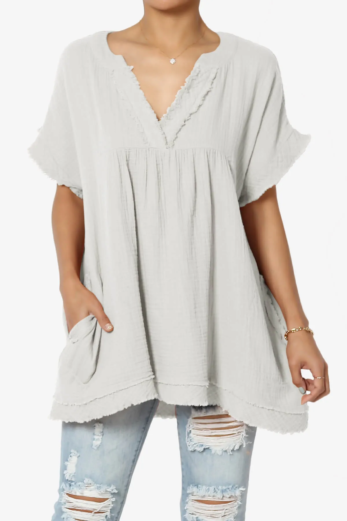 Milly Gauze V-Neck Babydoll Shirt Tunic PLUS