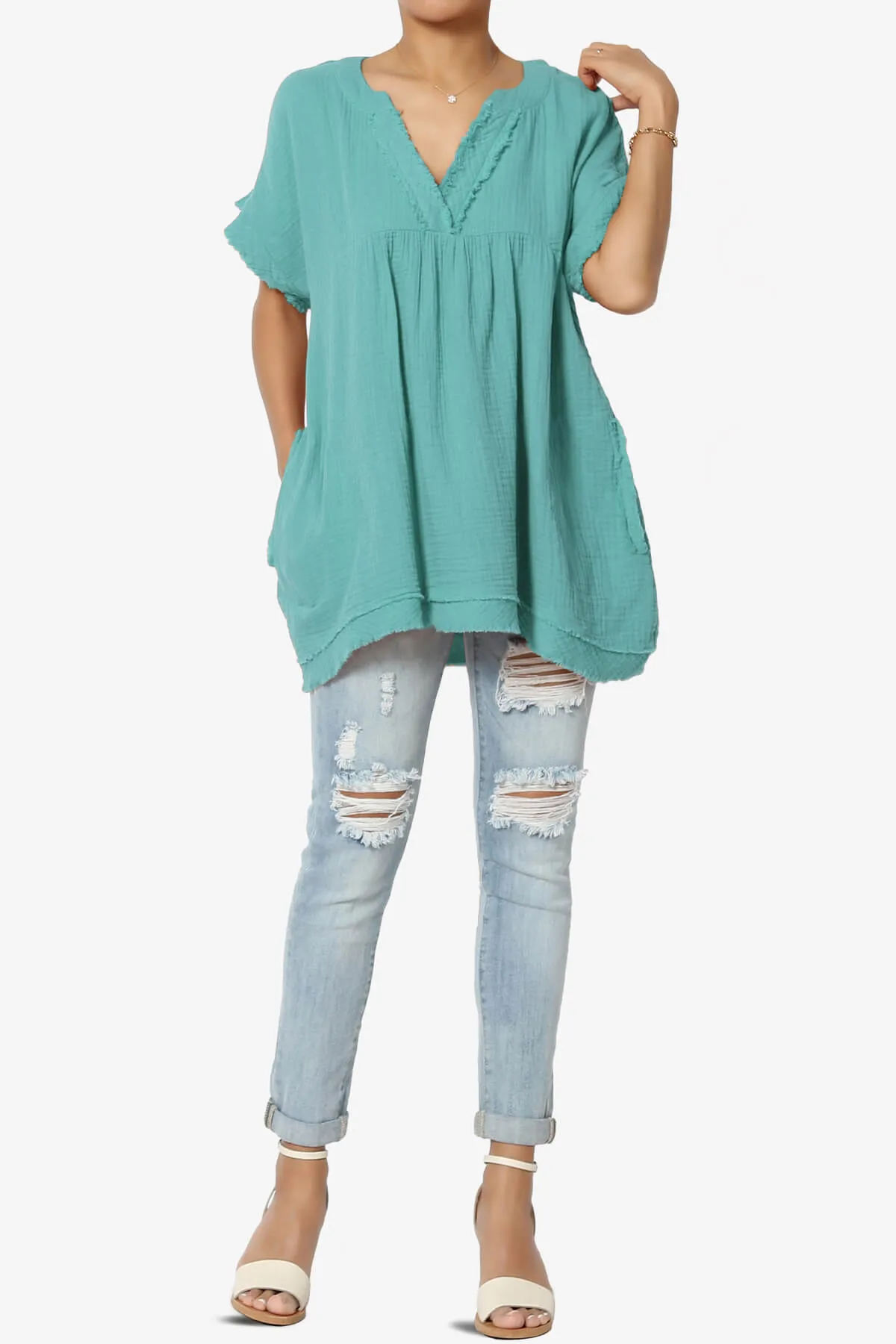 Milly Gauze V-Neck Babydoll Shirt Tunic PLUS
