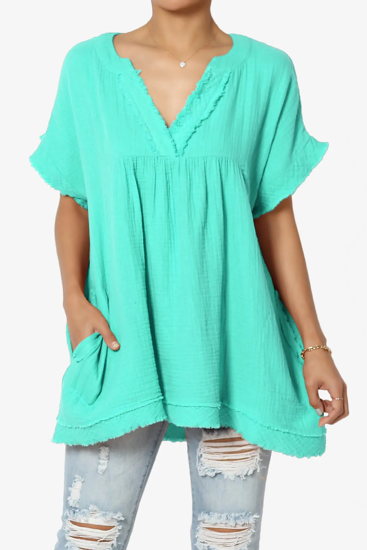 Milly Gauze V-Neck Babydoll Shirt Tunic PLUS