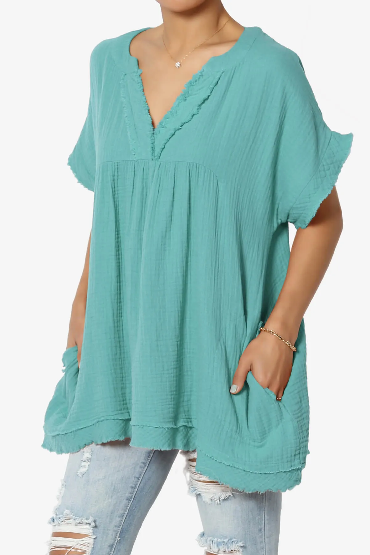 Milly Gauze V-Neck Babydoll Shirt Tunic PLUS