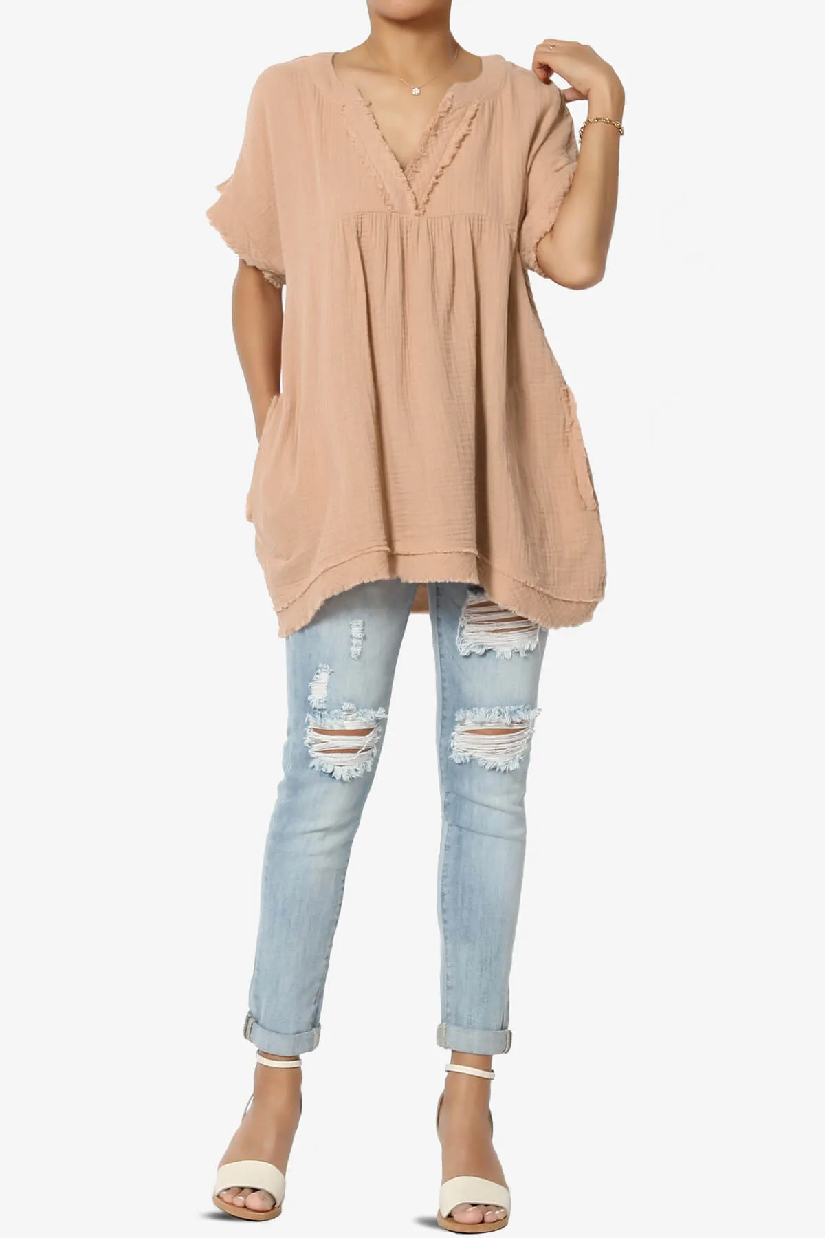 Milly Gauze V-Neck Babydoll Shirt Tunic PLUS