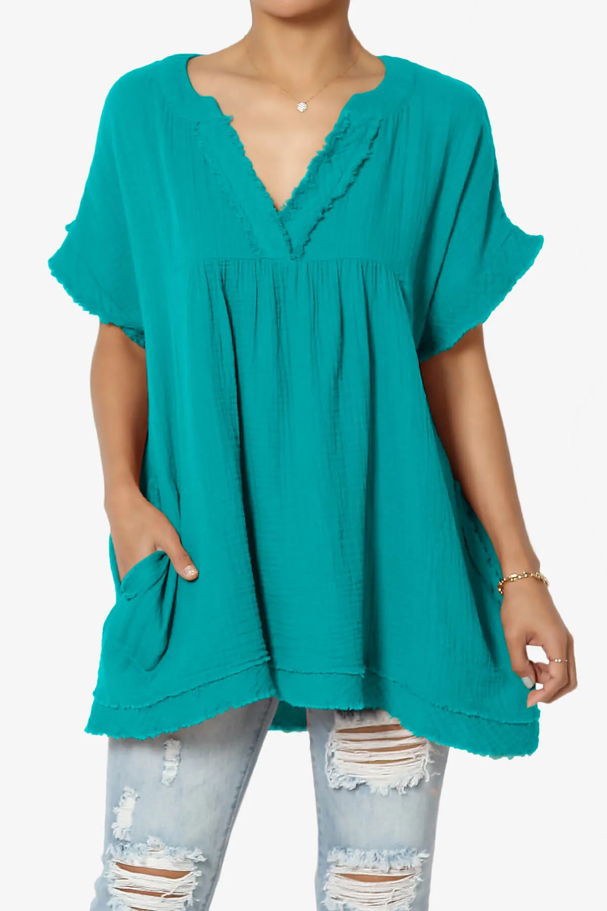 Milly Gauze V-Neck Babydoll Shirt Tunic PLUS