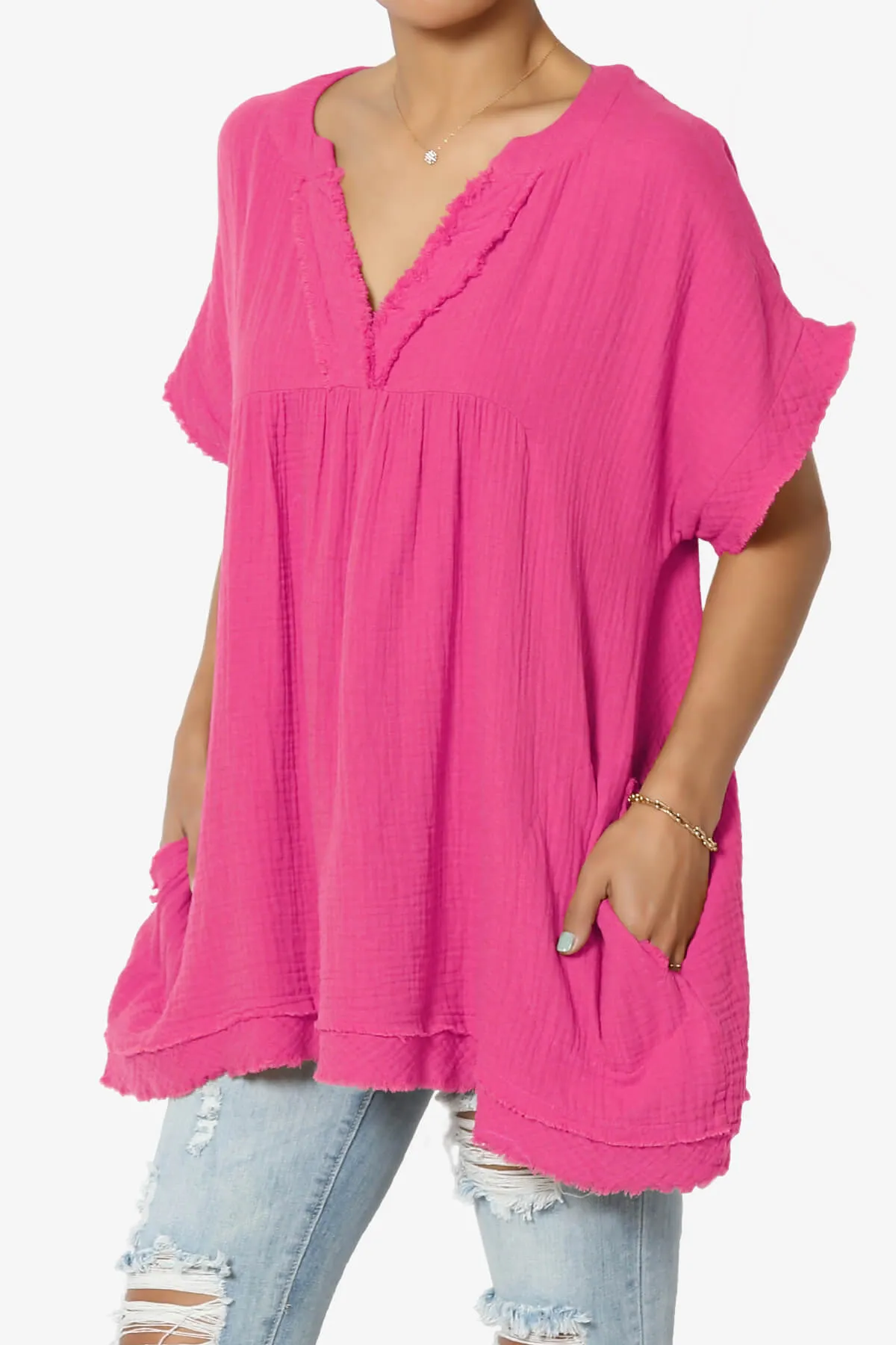 Milly Gauze V-Neck Babydoll Shirt Tunic PLUS