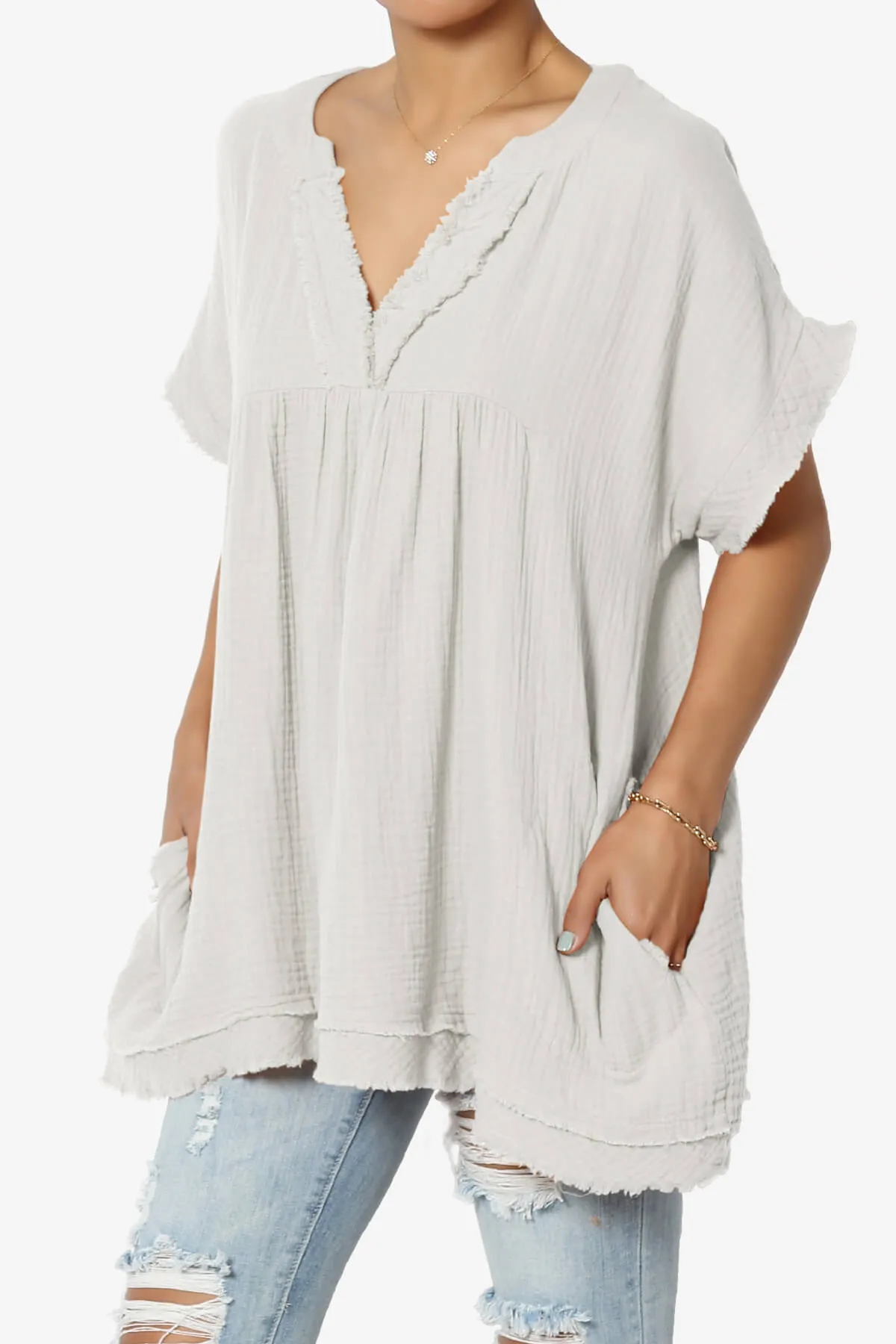 Milly Gauze V-Neck Babydoll Shirt Tunic PLUS