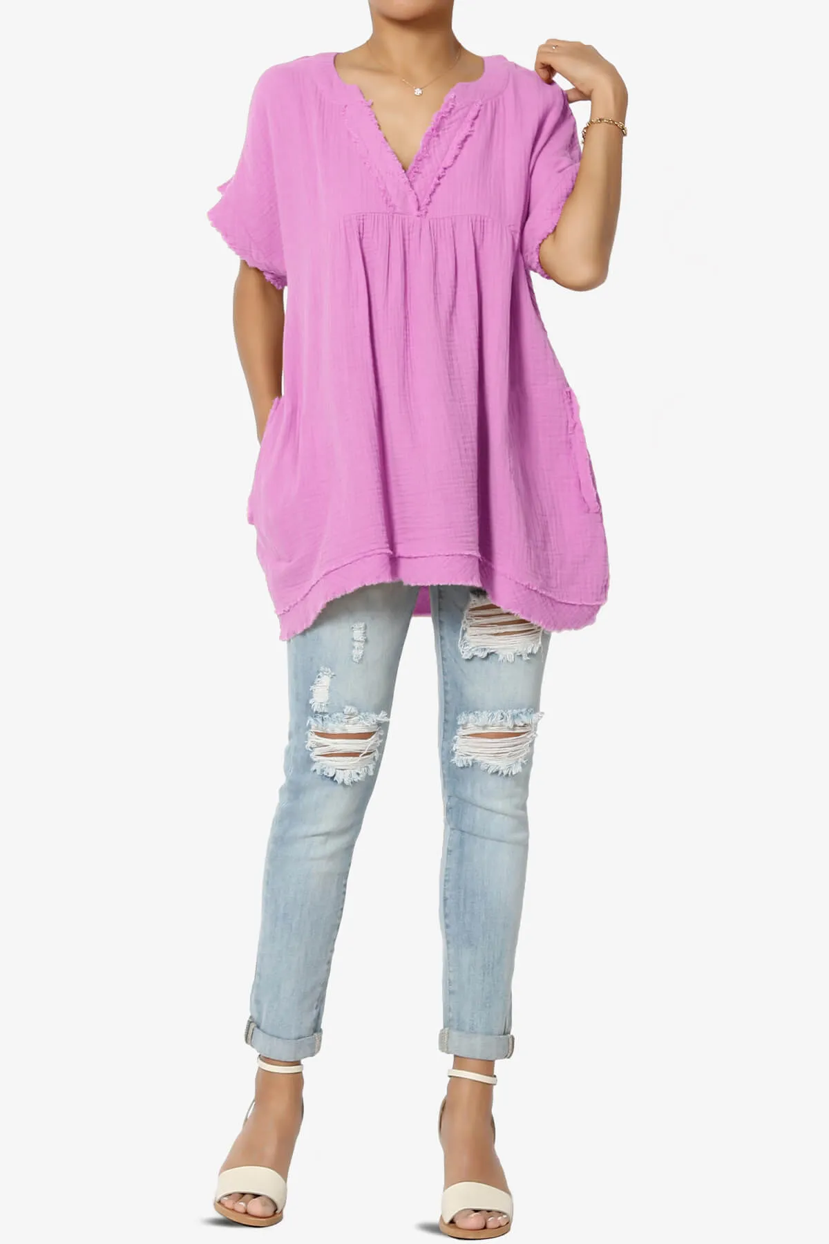 Milly Gauze V-Neck Babydoll Shirt Tunic PLUS