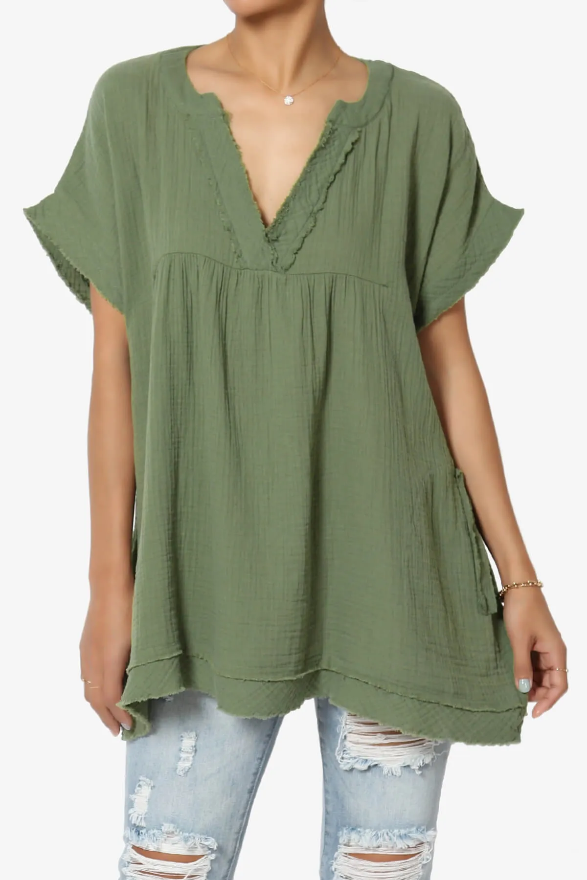 Milly Gauze V-Neck Babydoll Shirt Tunic PLUS
