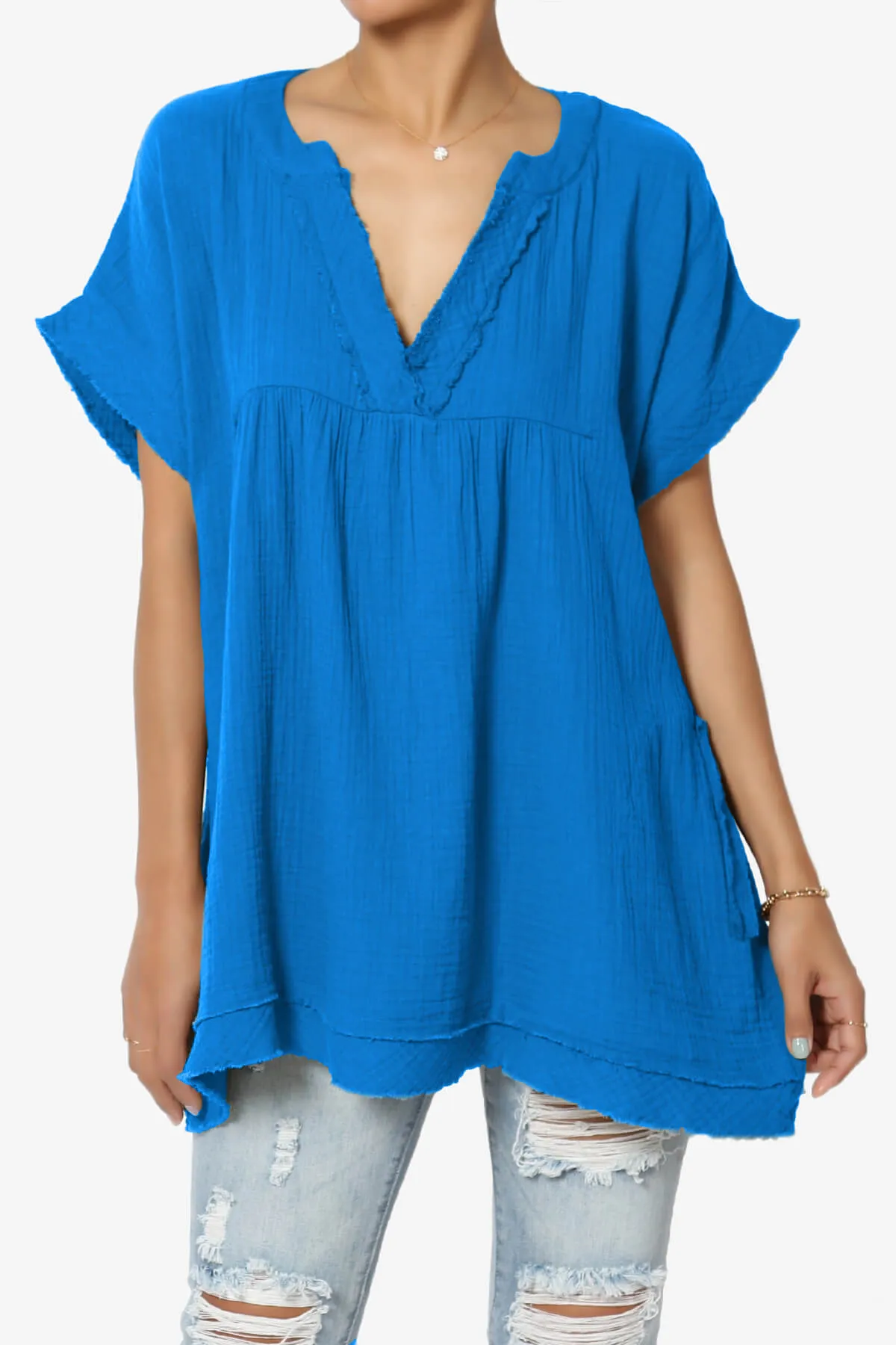 Milly Gauze V-Neck Babydoll Shirt Tunic PLUS