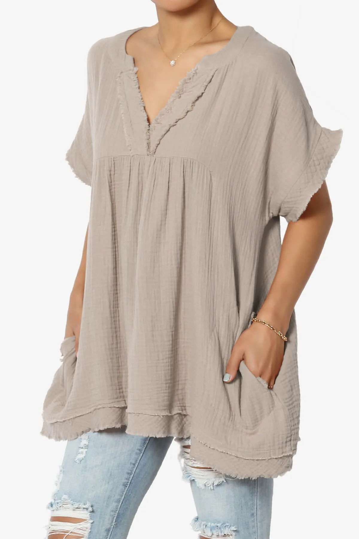 Milly Gauze V-Neck Babydoll Shirt Tunic PLUS
