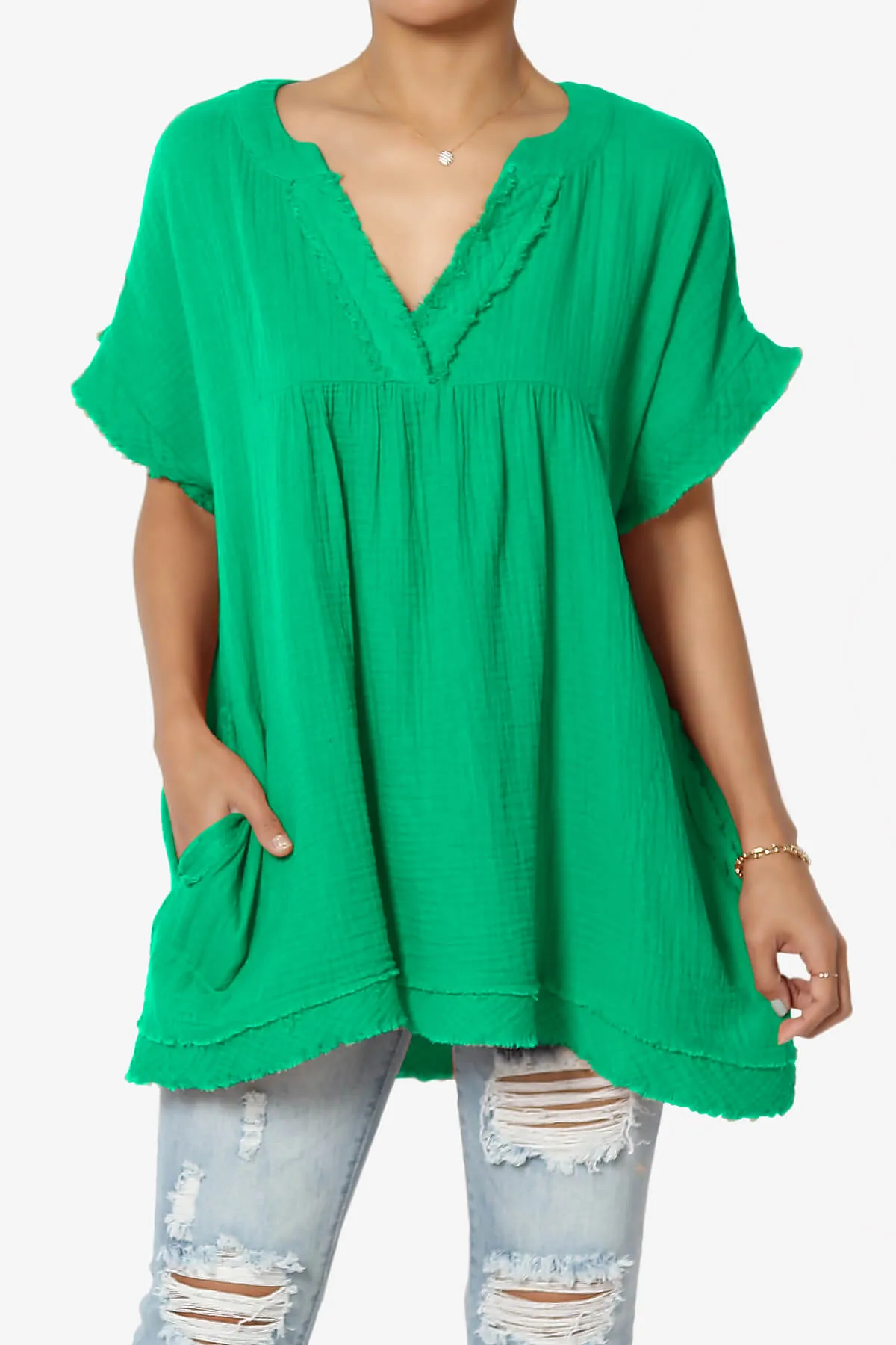 Milly Gauze V-Neck Babydoll Shirt Tunic PLUS