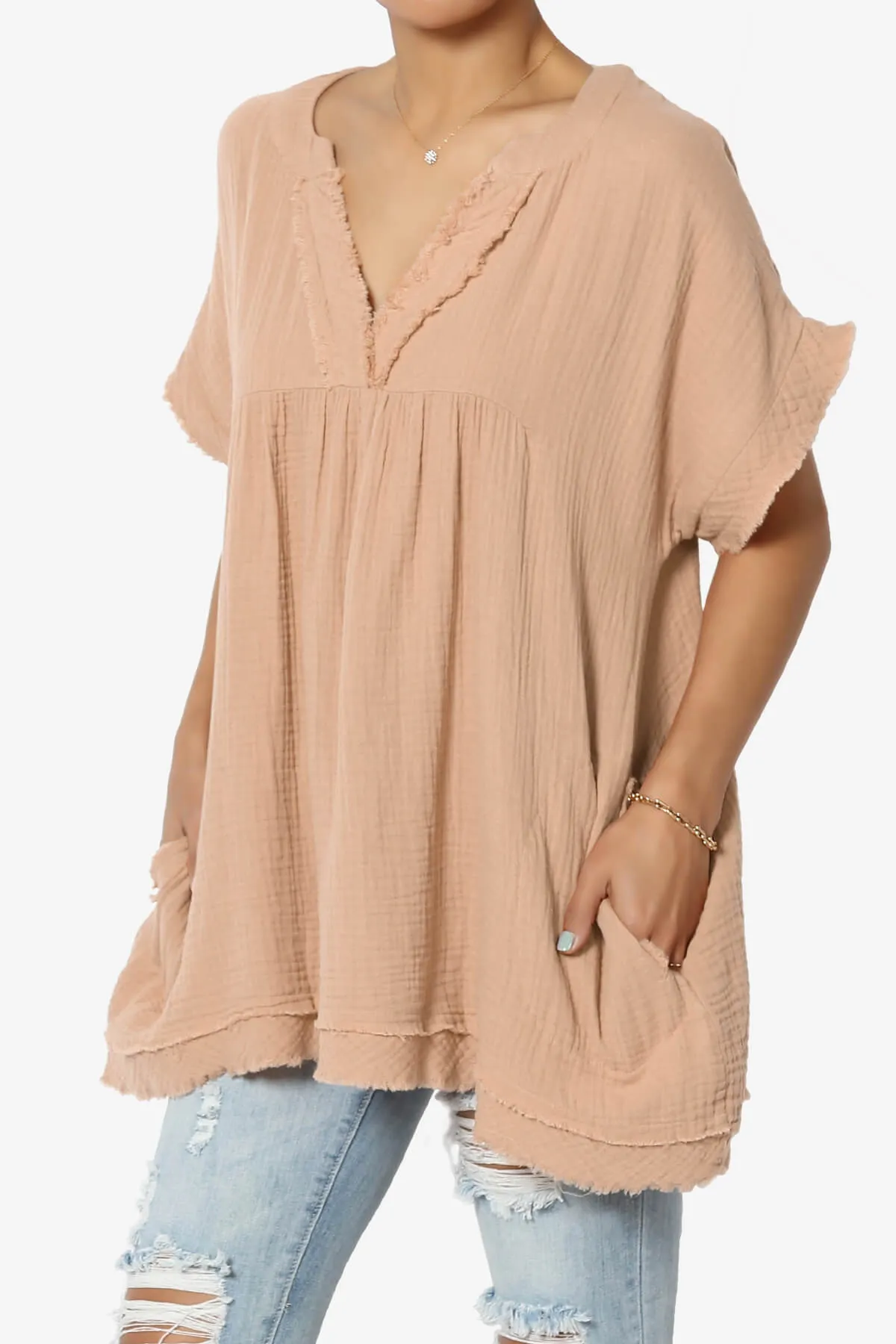 Milly Gauze V-Neck Babydoll Shirt Tunic PLUS