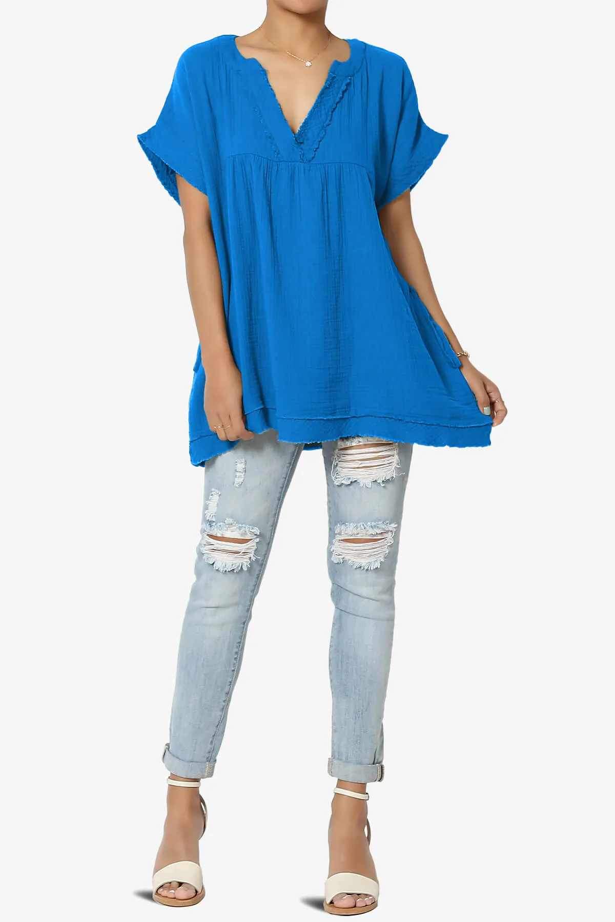 Milly Gauze V-Neck Babydoll Shirt Tunic PLUS