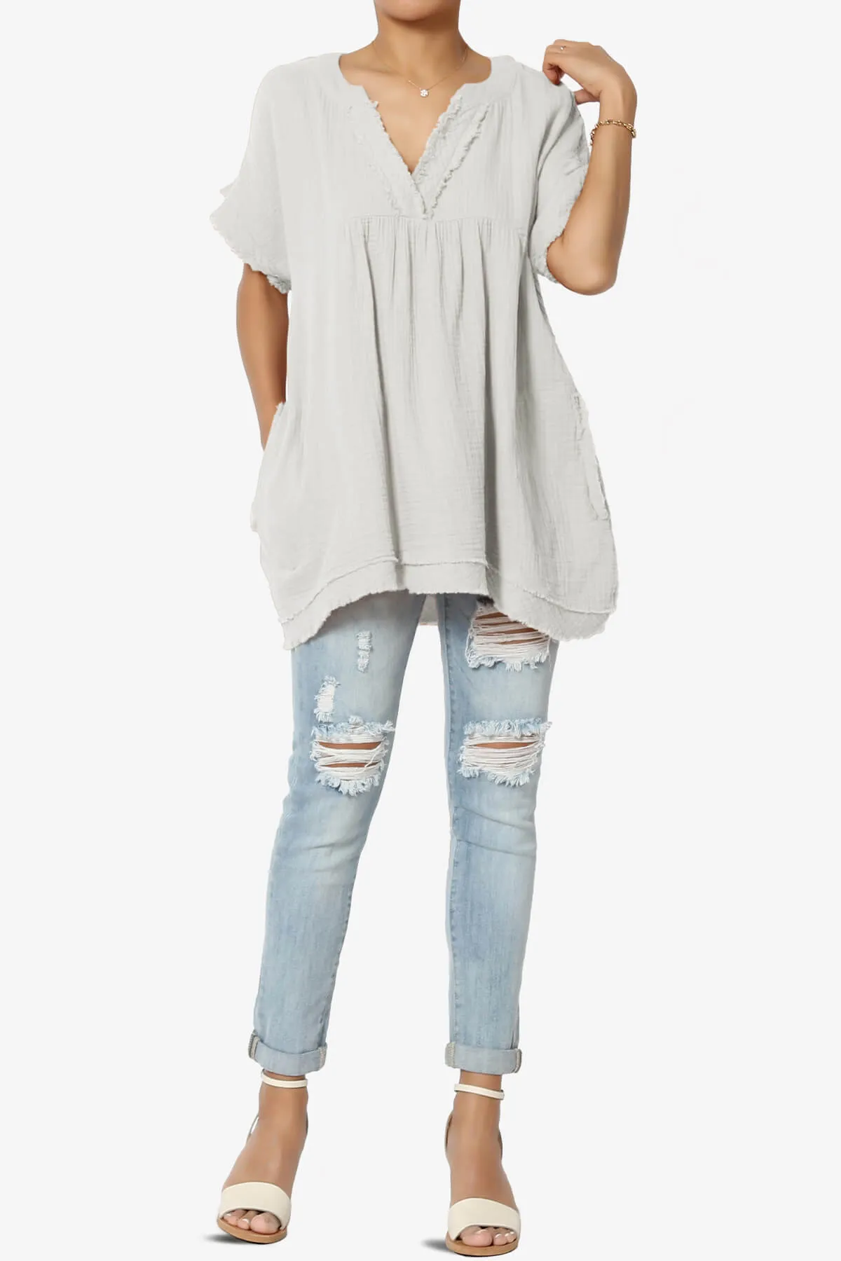 Milly Gauze V-Neck Babydoll Shirt Tunic PLUS