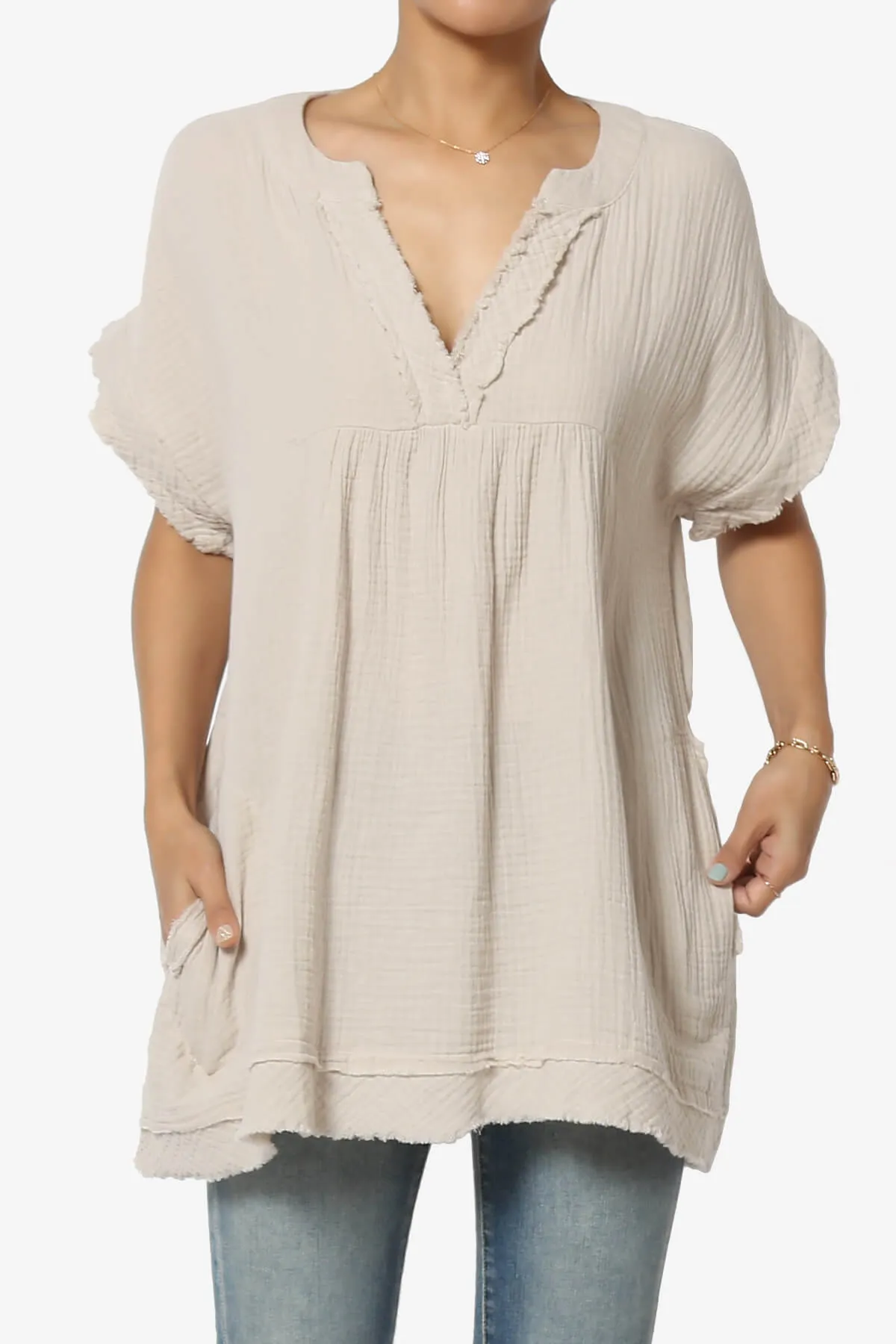 Milly Gauze V-Neck Babydoll Shirt Tunic PLUS