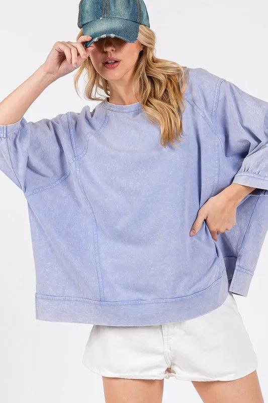 Mineral Washed Side Slit Round Neck Sweatshirt