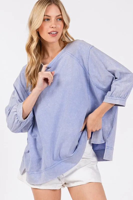 Mineral Washed Side Slit Round Neck Sweatshirt