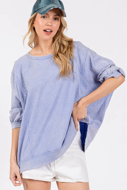 Mineral Washed Side Slit Round Neck Sweatshirt