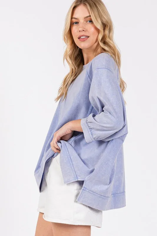 Mineral Washed Side Slit Round Neck Sweatshirt