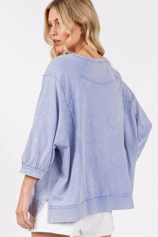 Mineral Washed Side Slit Round Neck Sweatshirt