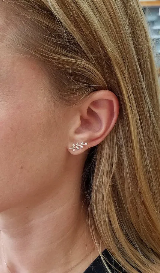 Minimalist Leaf Branch Earrings Pierced Ears Post Diamond 14k Rose Gold 14k Yellow Gold 14k White Gold
