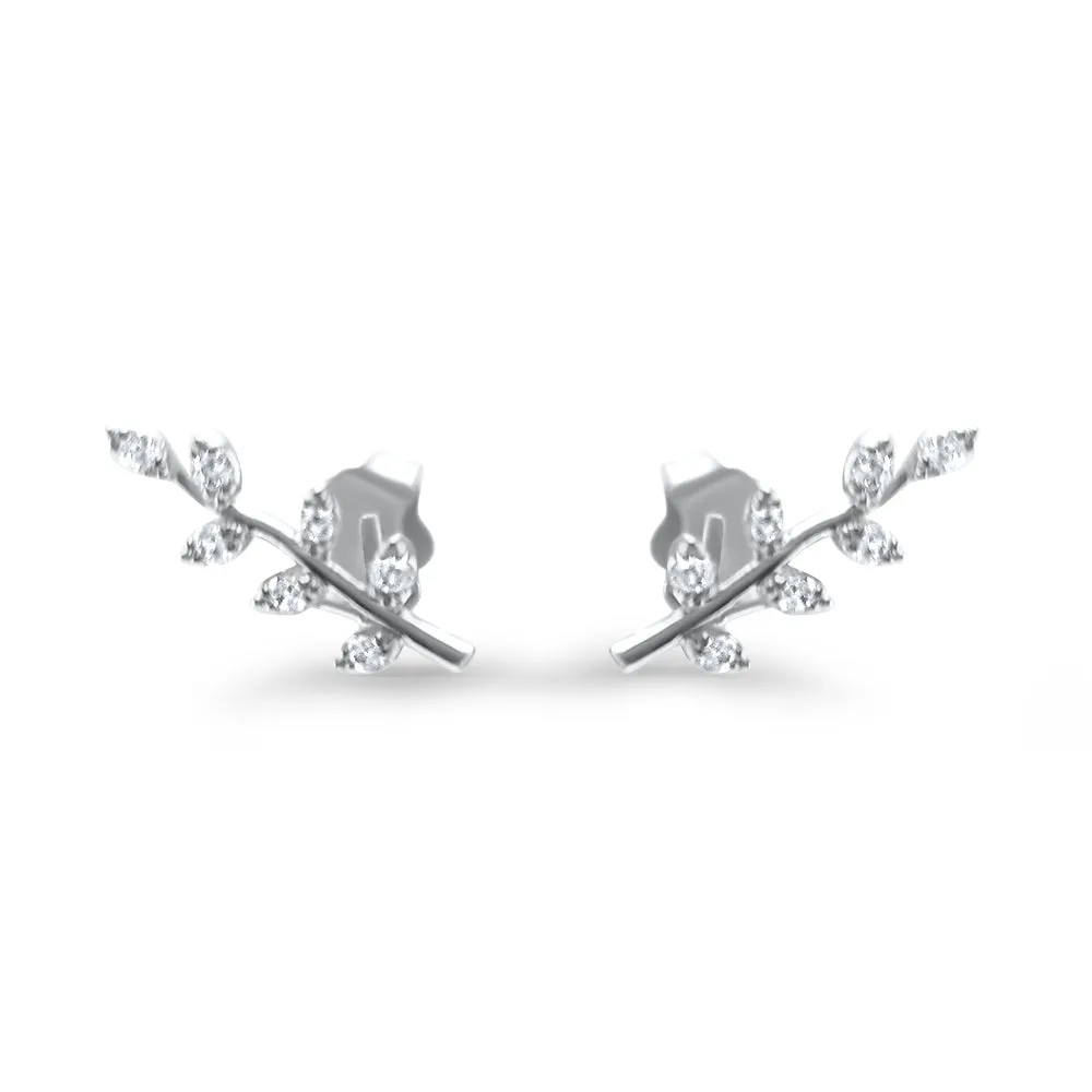 Minimalist Leaf Branch Earrings Pierced Ears Post Diamond 14k Rose Gold 14k Yellow Gold 14k White Gold