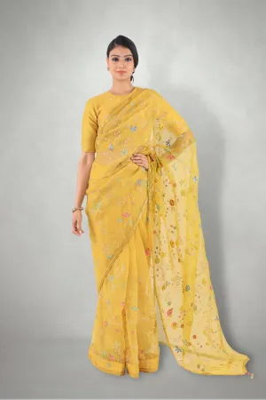 Mustard  Aari & Mirror Work Saree