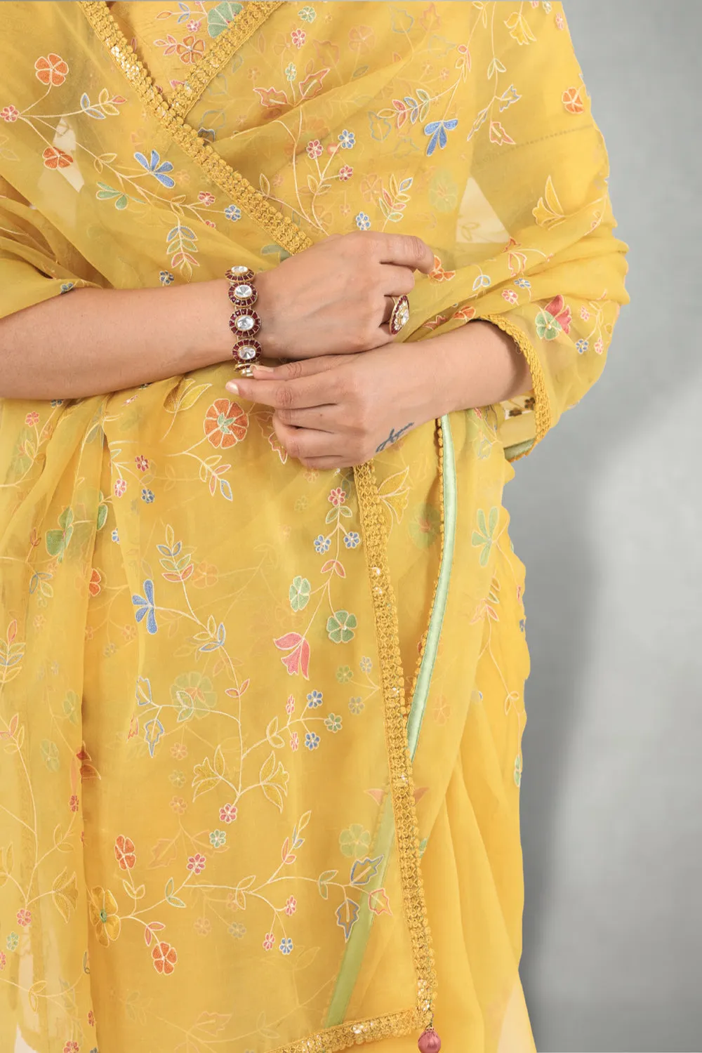 Mustard  Aari & Mirror Work Saree