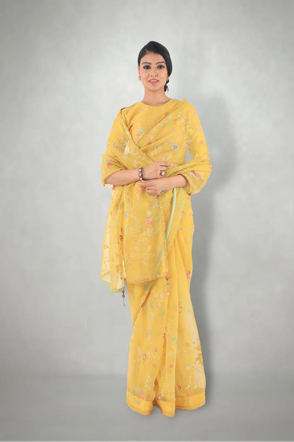 Mustard  Aari & Mirror Work Saree