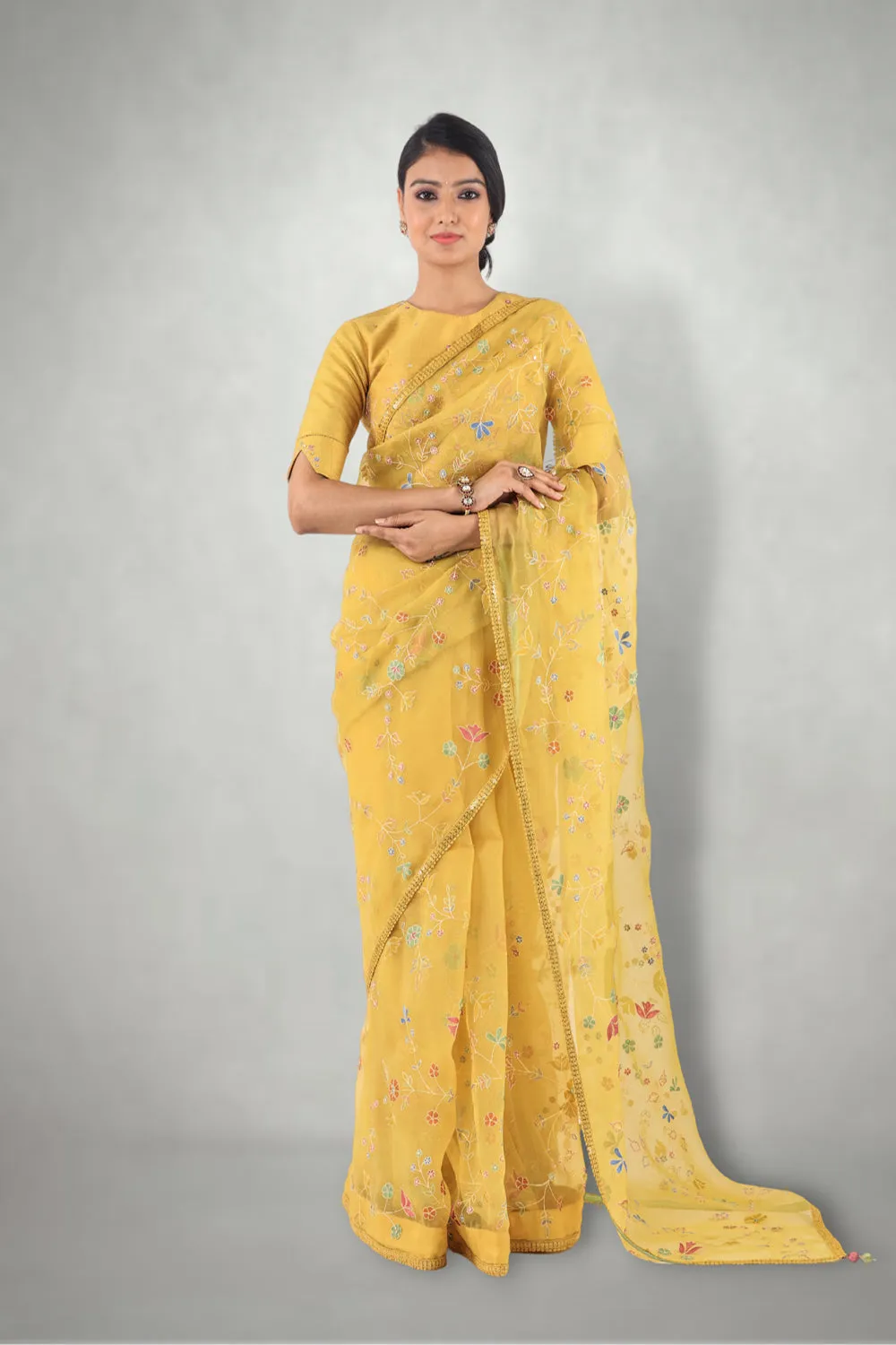 Mustard  Aari & Mirror Work Saree