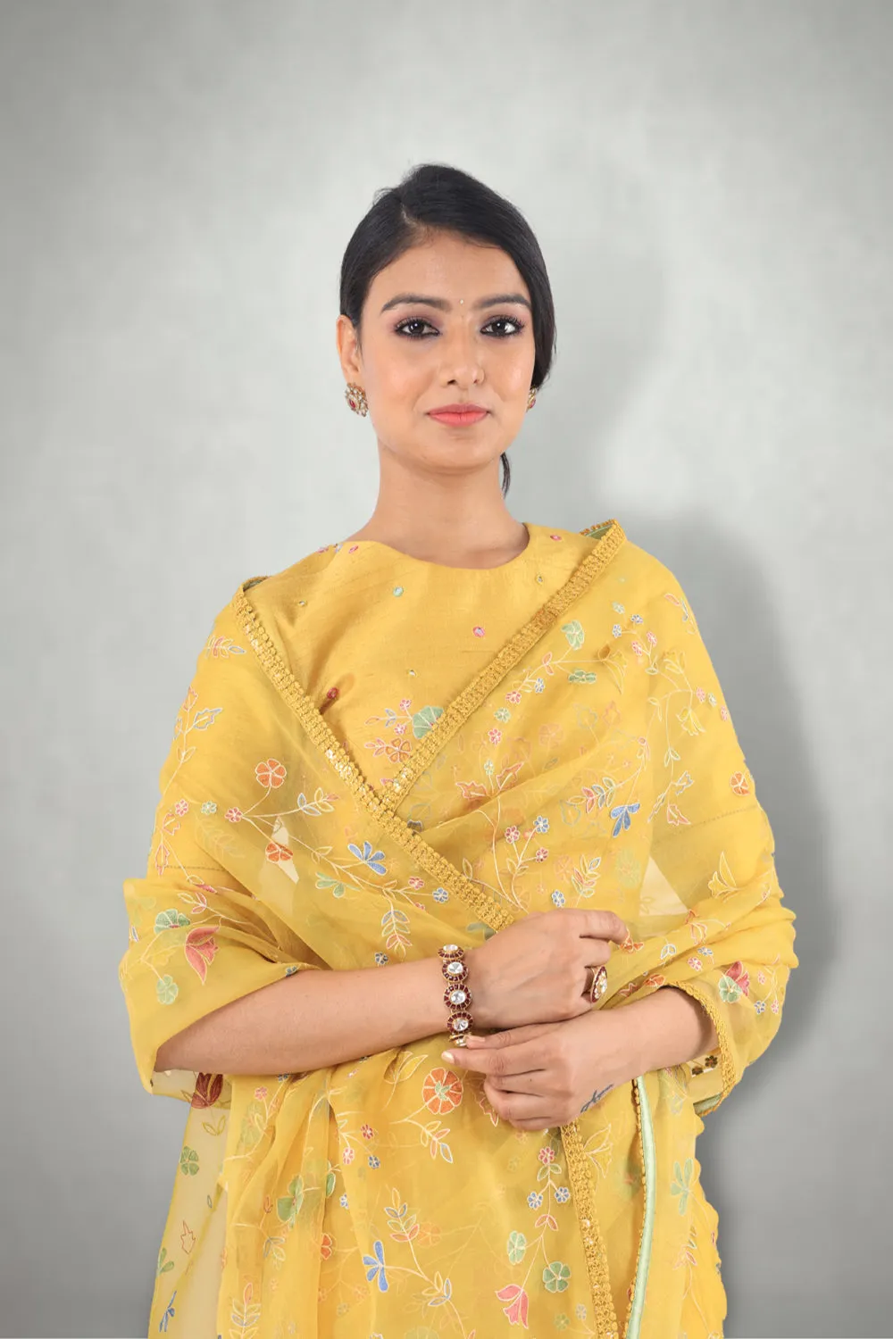 Mustard  Aari & Mirror Work Saree