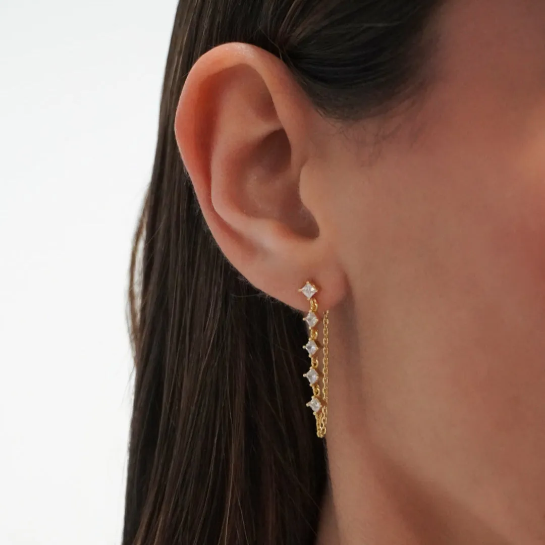 Muti CZ Drop Chain Stud Earring