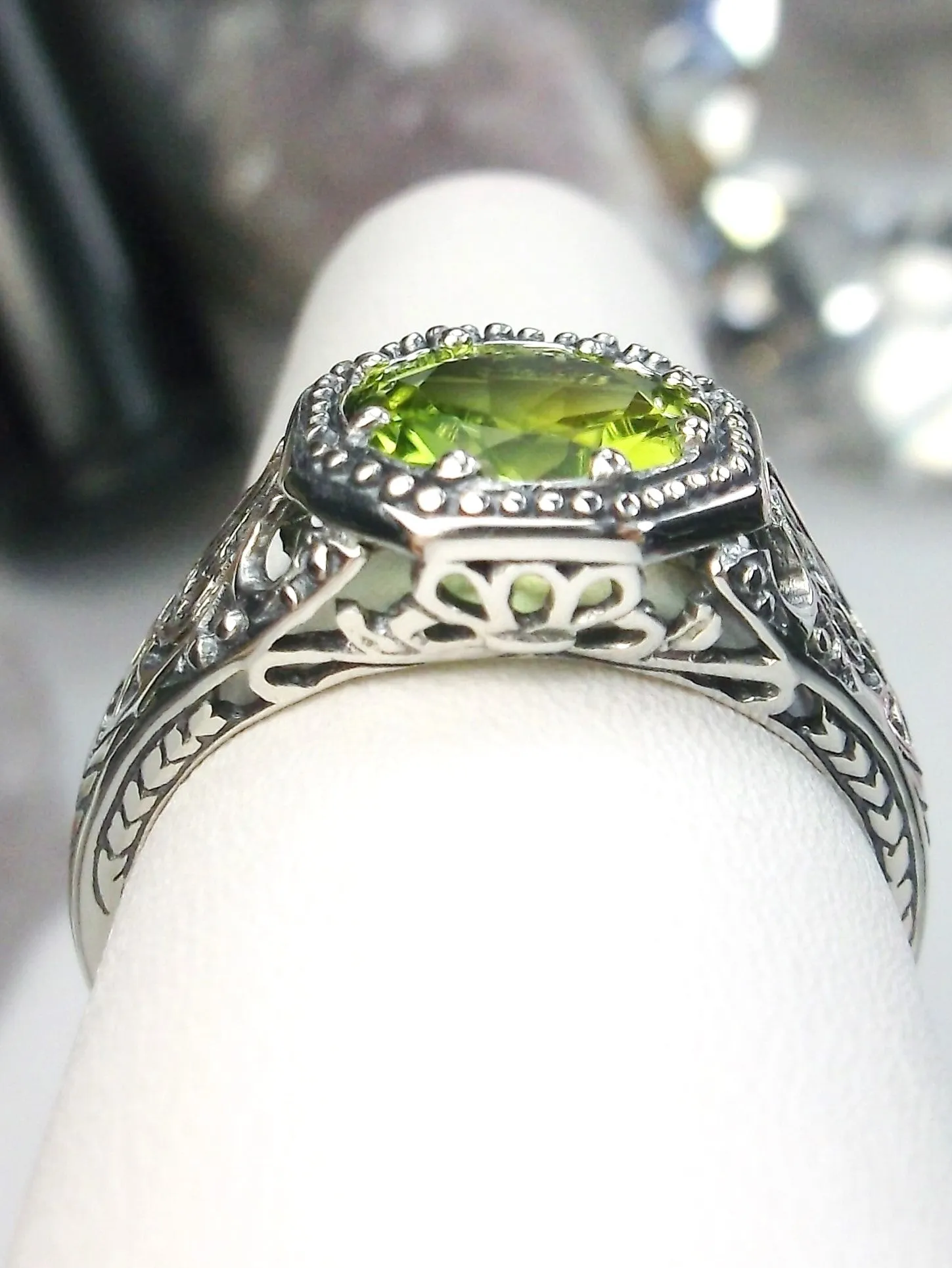 Natural Peridot Ring, 10k, or 14k White Gold Victorian Jewelry #D11
