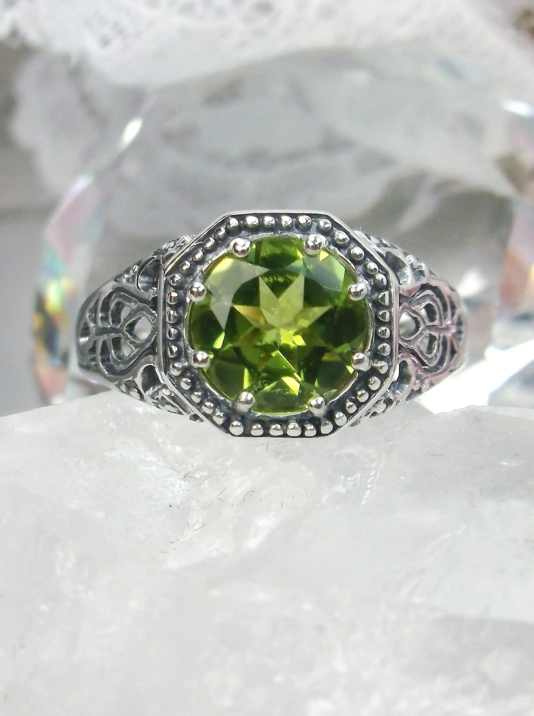 Natural Peridot Ring, 10k, or 14k White Gold Victorian Jewelry #D11