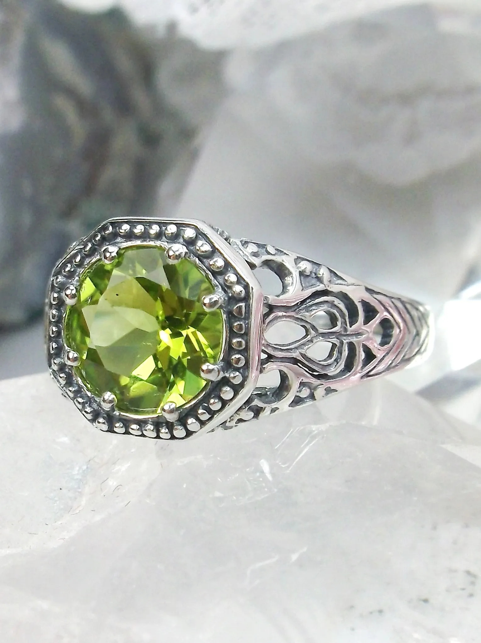 Natural Peridot Ring, 10k, or 14k White Gold Victorian Jewelry #D11