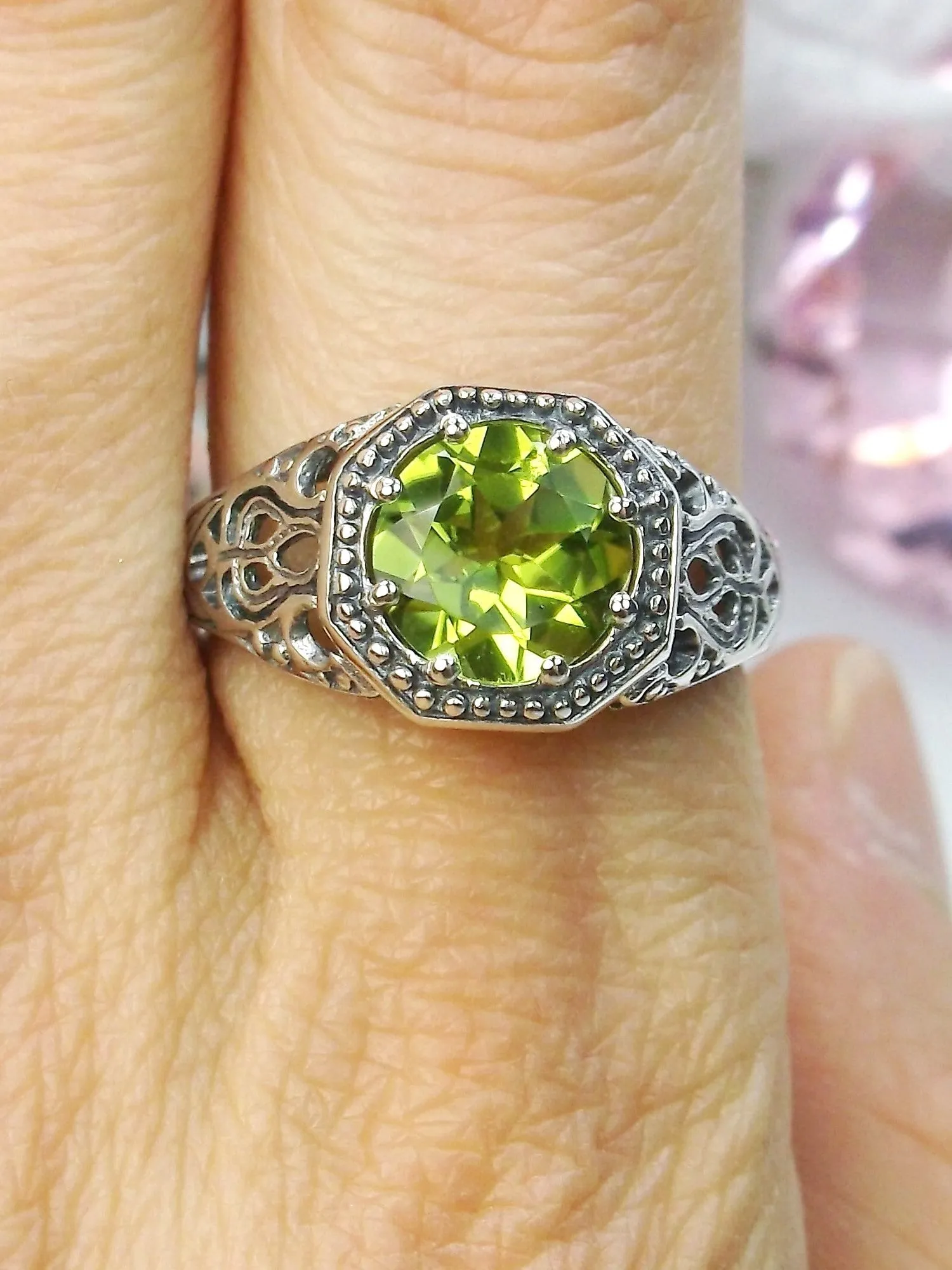 Natural Peridot Ring, 10k, or 14k White Gold Victorian Jewelry #D11