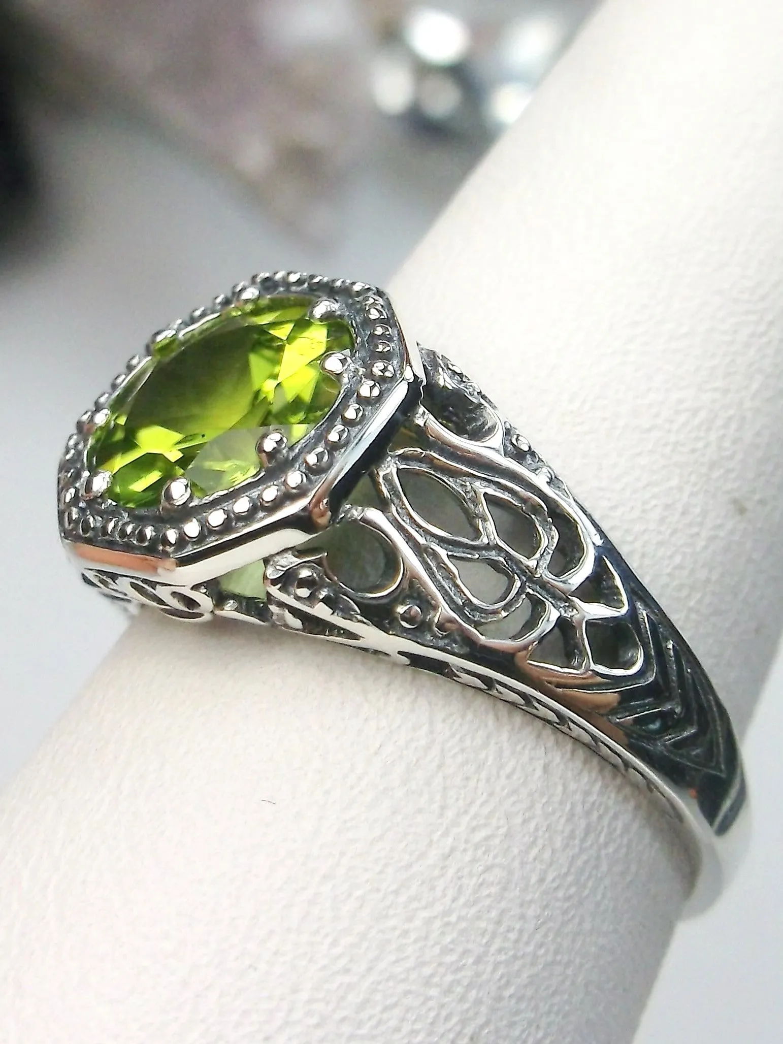 Natural Peridot Ring, 10k, or 14k White Gold Victorian Jewelry #D11