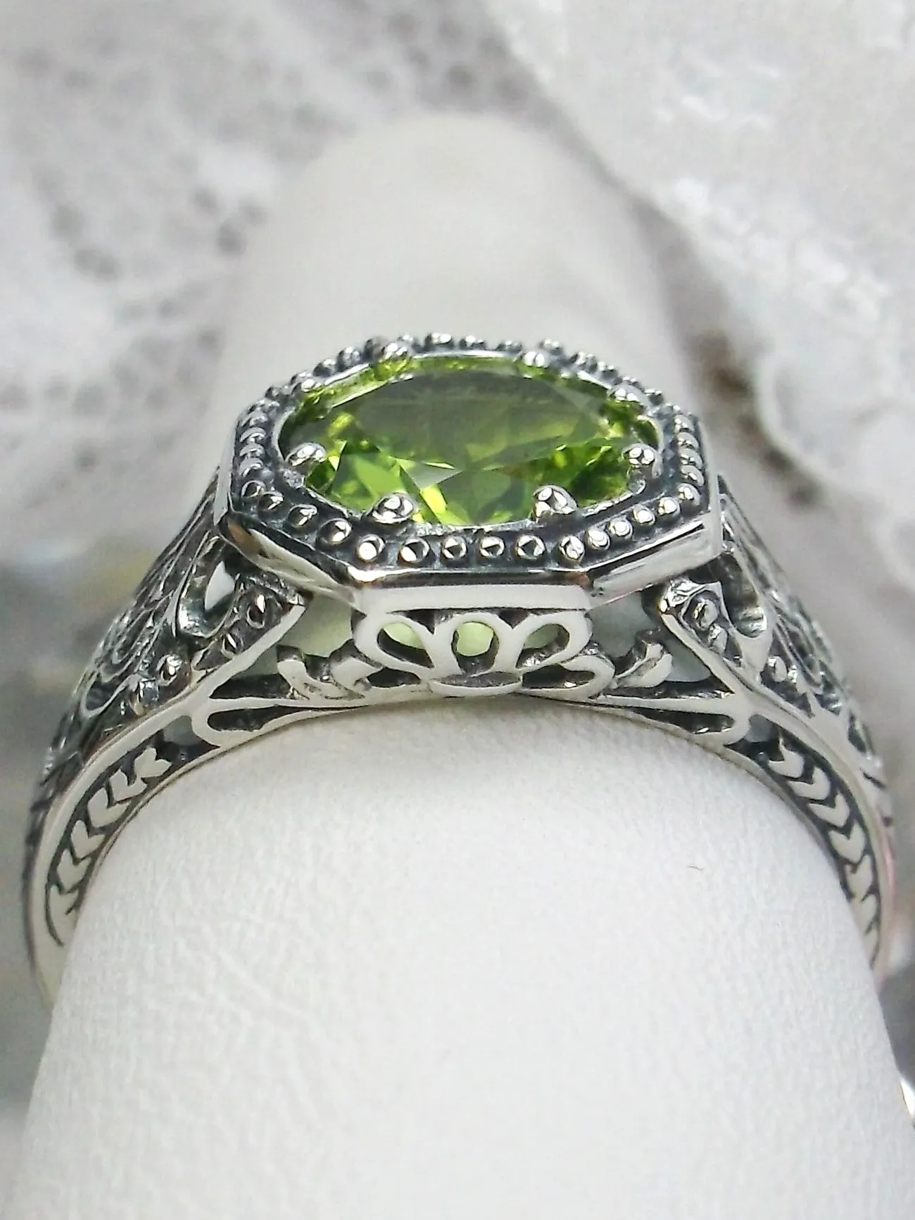Natural Peridot Ring, 10k, or 14k White Gold Victorian Jewelry #D11