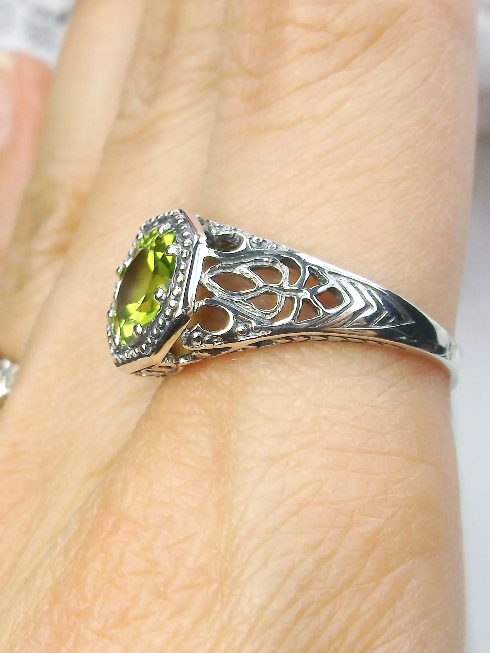 Natural Peridot Ring, 10k, or 14k White Gold Victorian Jewelry #D11