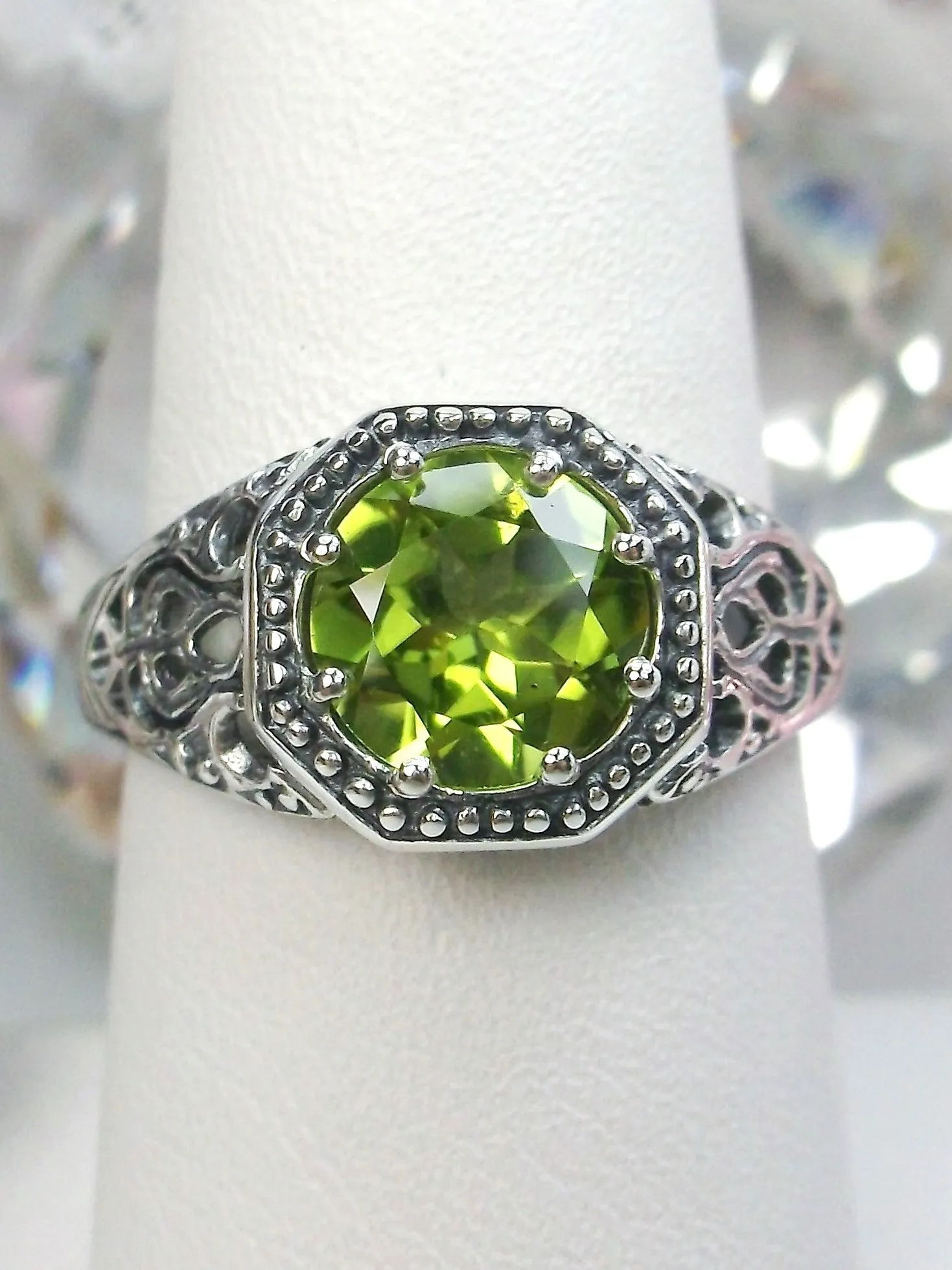 Natural Peridot Ring, 10k, or 14k White Gold Victorian Jewelry #D11