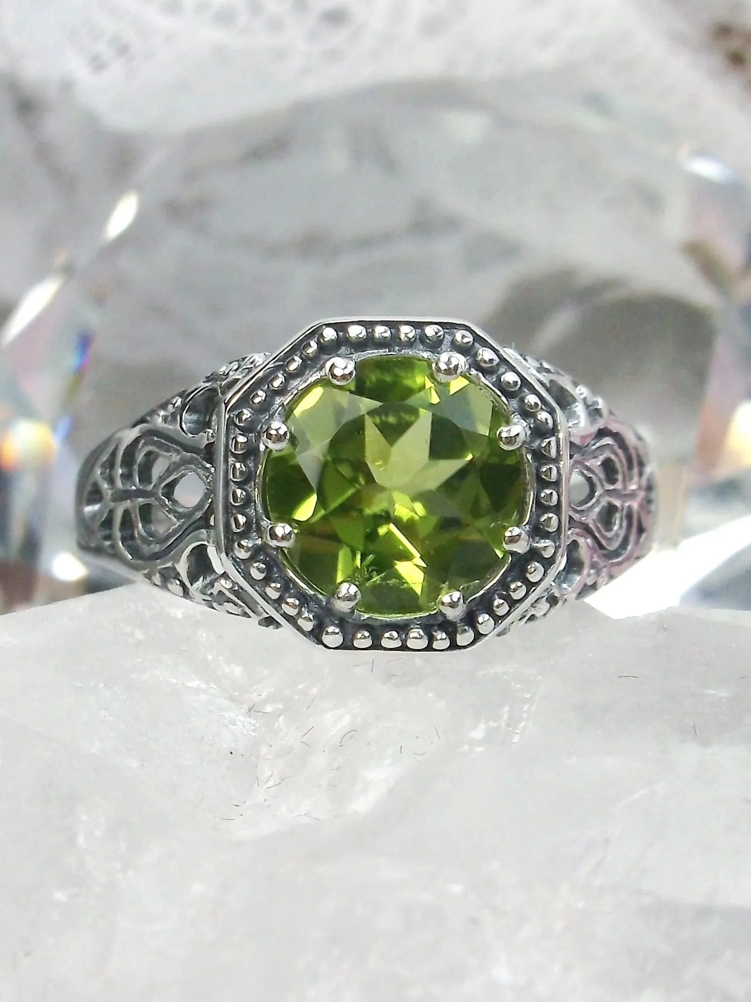 Natural Peridot Ring, 10k, or 14k White Gold Victorian Jewelry #D11