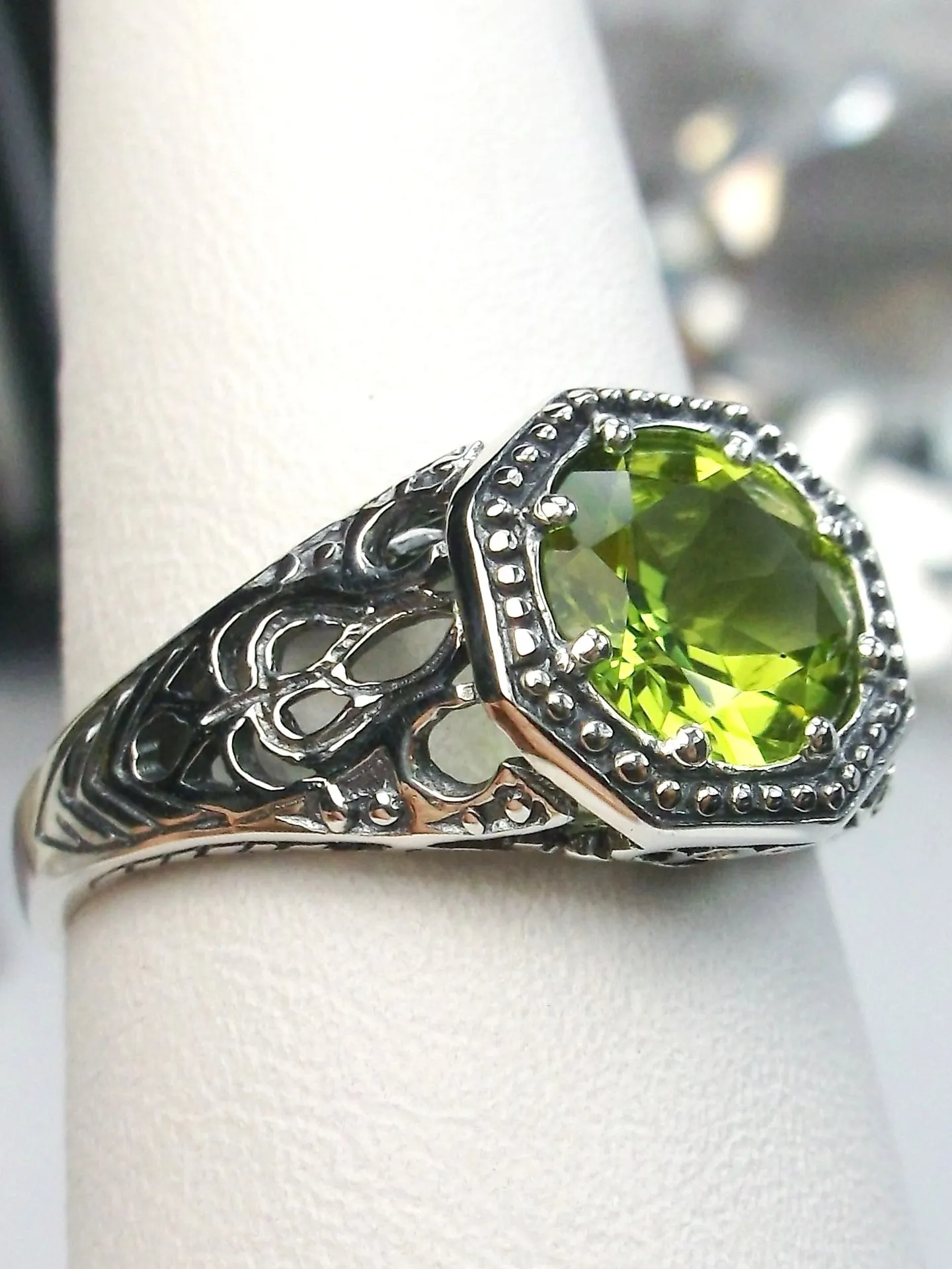 Natural Peridot Ring, 10k, or 14k White Gold Victorian Jewelry #D11