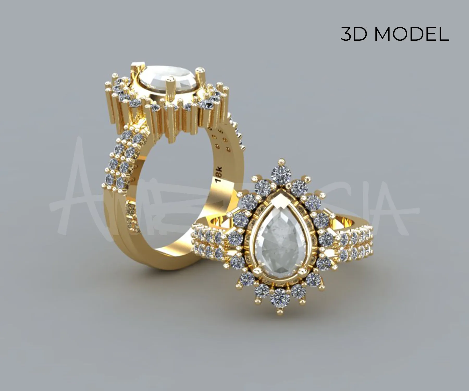 Natural Salt and Pepper Diamond Pear Halo Gold Ring