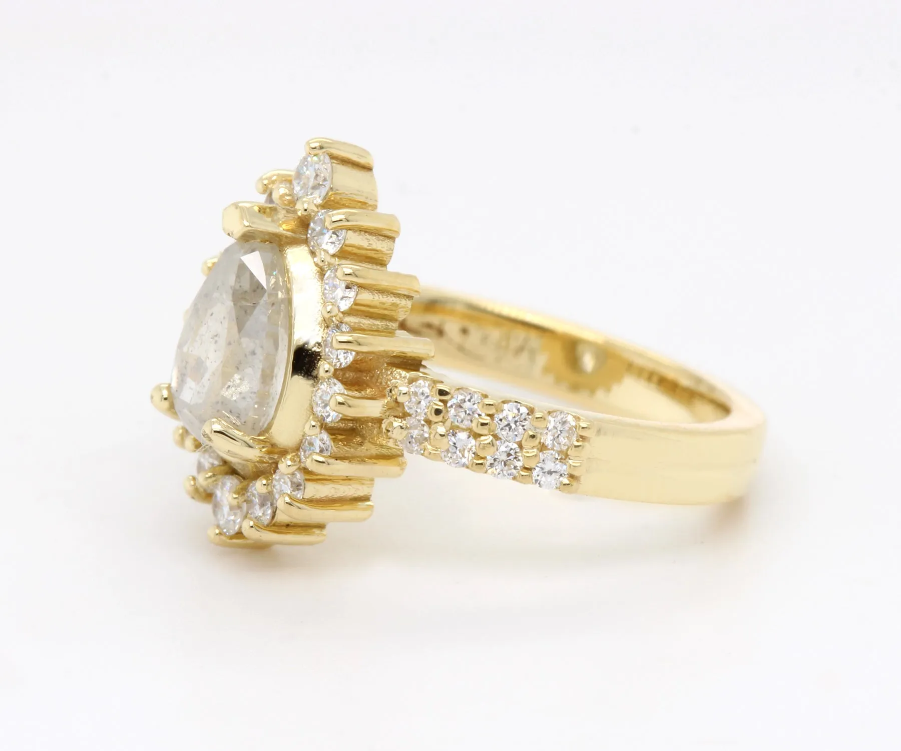 Natural Salt and Pepper Diamond Pear Halo Gold Ring
