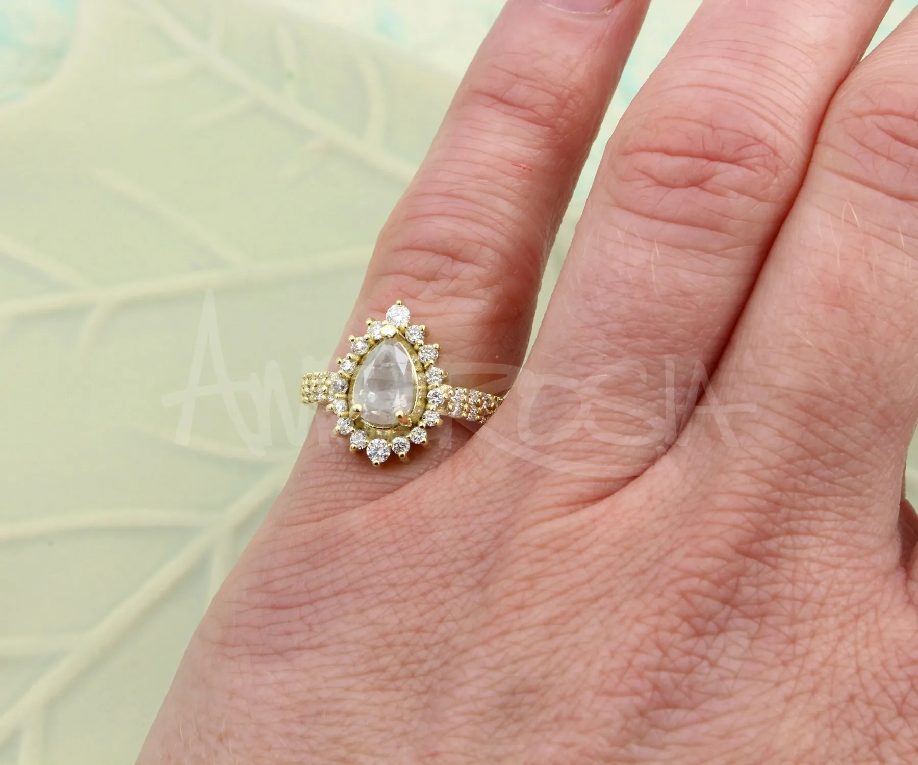 Natural Salt and Pepper Diamond Pear Halo Gold Ring