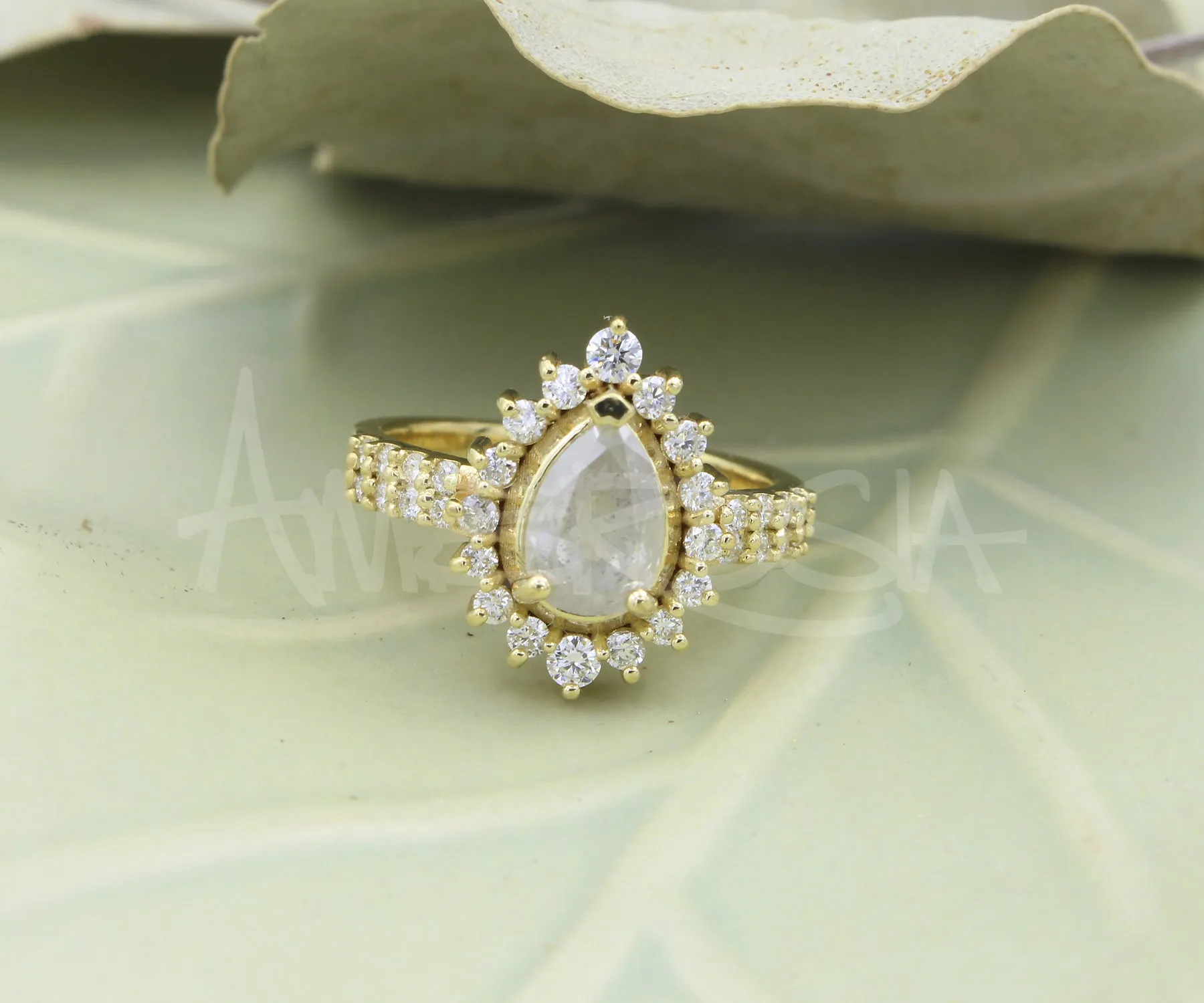 Natural Salt and Pepper Diamond Pear Halo Gold Ring
