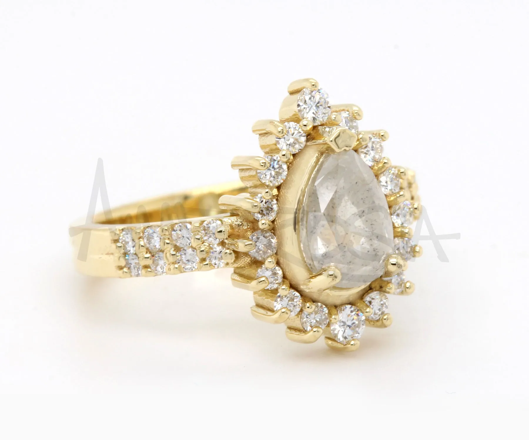 Natural Salt and Pepper Diamond Pear Halo Gold Ring